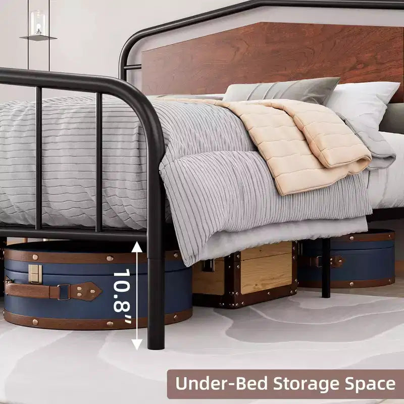Metal Bed Frame with Wooden Headboard - Wrought Iron Platform Bed, Under Bed Storage, Easy Assembly for Industrial Style Bedroom