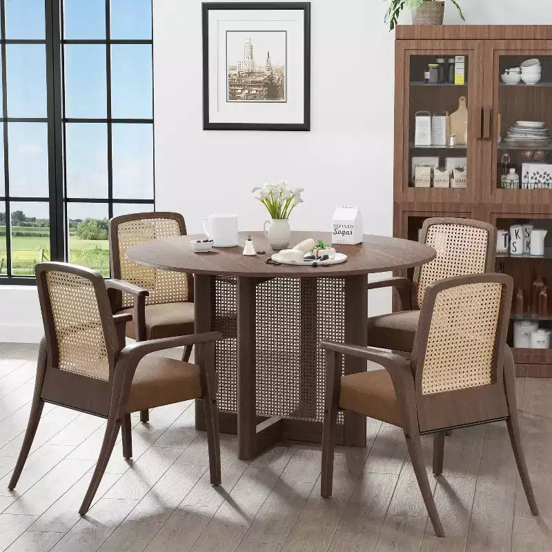 Tavolo da pranzo rotondo in rattan marrone da 46 pollici per 4-6 persone, adatto a sala da pranzo e soggiorno