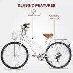 hykolity 26 Bicicletta da pendolare, bici da spiaggia, city bike, 7 velocità per adulti, cestino anteriore, portapacchi posteriore, multicolore
