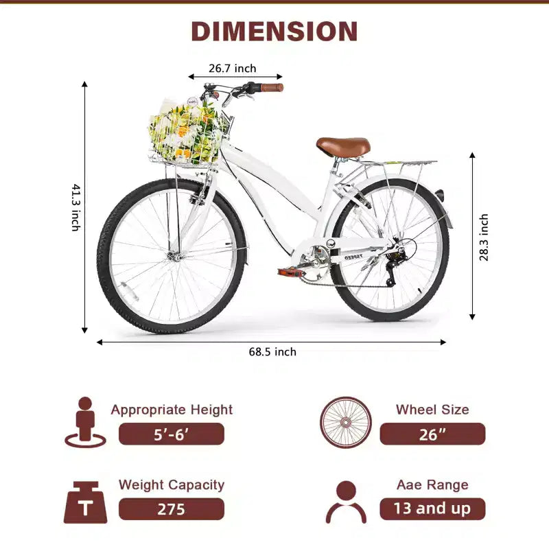 hykolity 26 Bicicletta da pendolare, bici da spiaggia, city bike, 7 velocità per adulti, cestino anteriore, portapacchi posteriore, multicolore