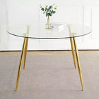 Okak Modern Round Dining Table with Tempered Glass Dining Room Table with Metal Spray Legs for Dining Room, Gold