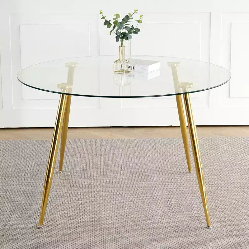 Okak Modern Round Dining Table with Tempered Glass Dining Room Table with Metal Spray Legs for Dining Room, Gold