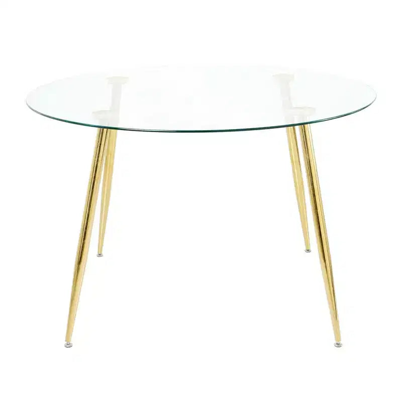 Okak Modern Round Dining Table with Tempered Glass Dining Room Table with Metal Spray Legs for Dining Room, Gold