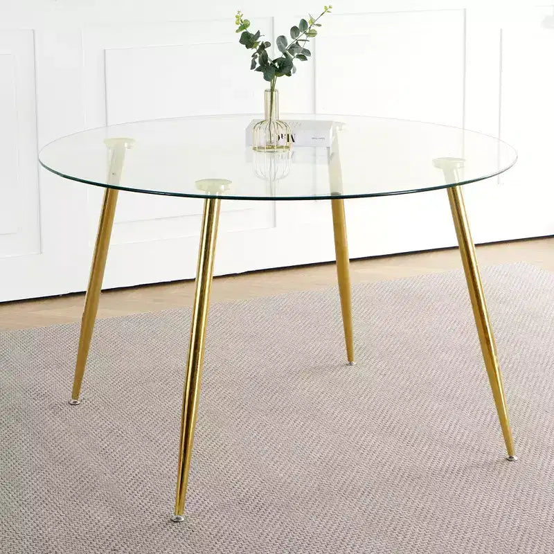 Okak Modern Round Dining Table with Tempered Glass Dining Room Table with Metal Spray Legs for Dining Room, Gold