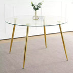Okak Modern Round Dining Table with Tempered Glass Dining Room Table with Metal Spray Legs for Dining Room, Gold