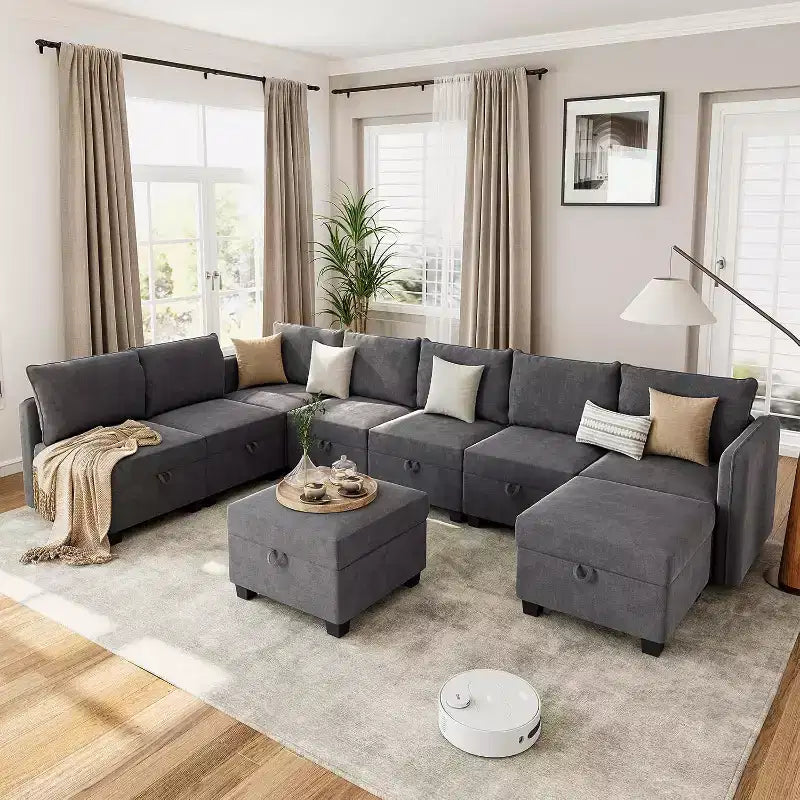 Divano componibile con 2 pouf, divano componibile a U convertibile a 9 posti con contenitore, divano letto di grandi dimensioni