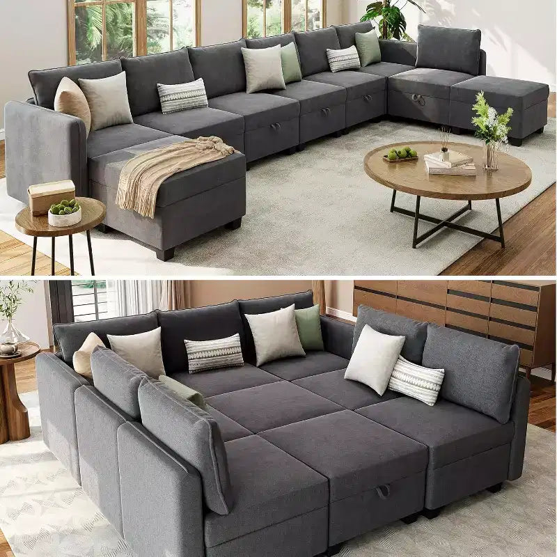 Divano componibile con 2 pouf, divano componibile a U convertibile a 9 posti con contenitore, divano letto di grandi dimensioni
