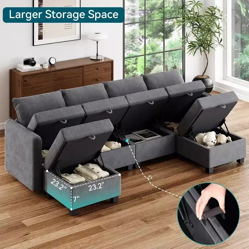 Divano componibile con 2 pouf, divano componibile a U convertibile a 9 posti con contenitore, divano letto di grandi dimensioni