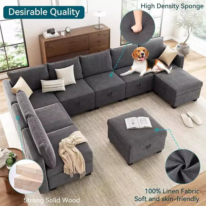 Divano componibile con 2 pouf, divano componibile a U convertibile a 9 posti con contenitore, divano letto di grandi dimensioni