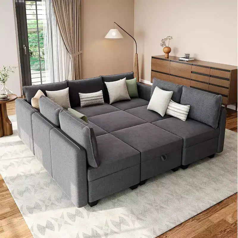 Divano componibile con 2 pouf, divano componibile a U convertibile a 9 posti con contenitore, divano letto di grandi dimensioni