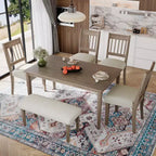 Farmhouse Dining Room Set for 6, 6 Pieces Wooden Rectangular Table and 4 Chairs with Bench for kitchen