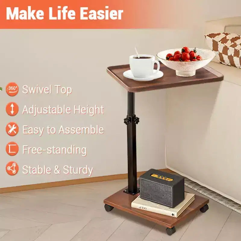 C-Shaped Table, 360 Swivel Tray Table with Wheels Adjustable Height for Living Room, Bedroom, Study and Small Spaces