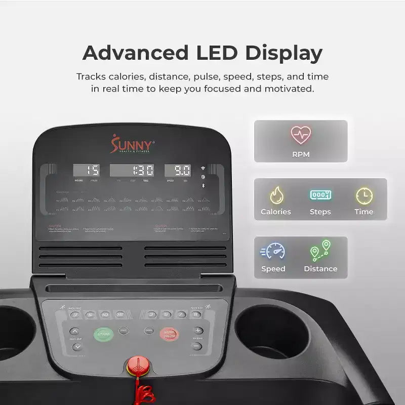 Sunny Health & Fitness Active 400 Smart AutoIncline Treadmill with WiFi, Bluetooth, 15 Incline Levels & ShockAbsorbing Running Deck