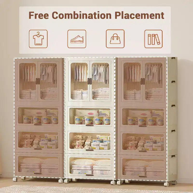 Armadio Portatile per Bambini a 4 Ripiani con Asta Appendino e Scaffali - Organizer Pieghevole per Vestiti, Giocattoli, Libri (Bianco)