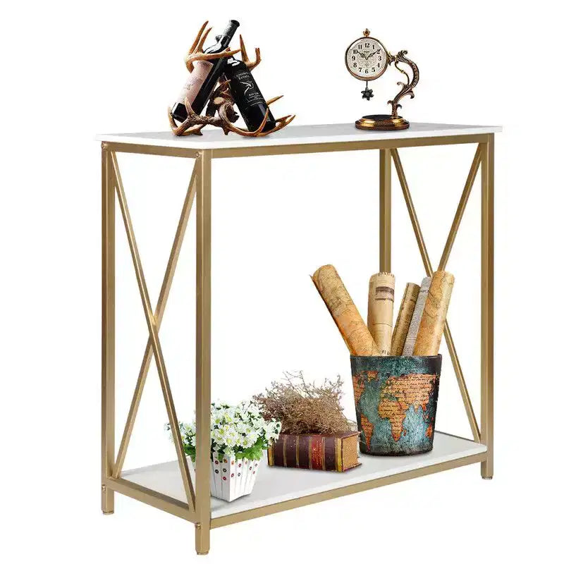 2 Layer X Side Frame Wooden Iron Frame 78.2*35.1*76.2cm White Panel Gold Frame Porch Storage Porch Table