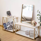 2 Layer X Side Frame Wooden Iron Frame 78.2*35.1*76.2cm White Panel Gold Frame Porch Storage Porch Table