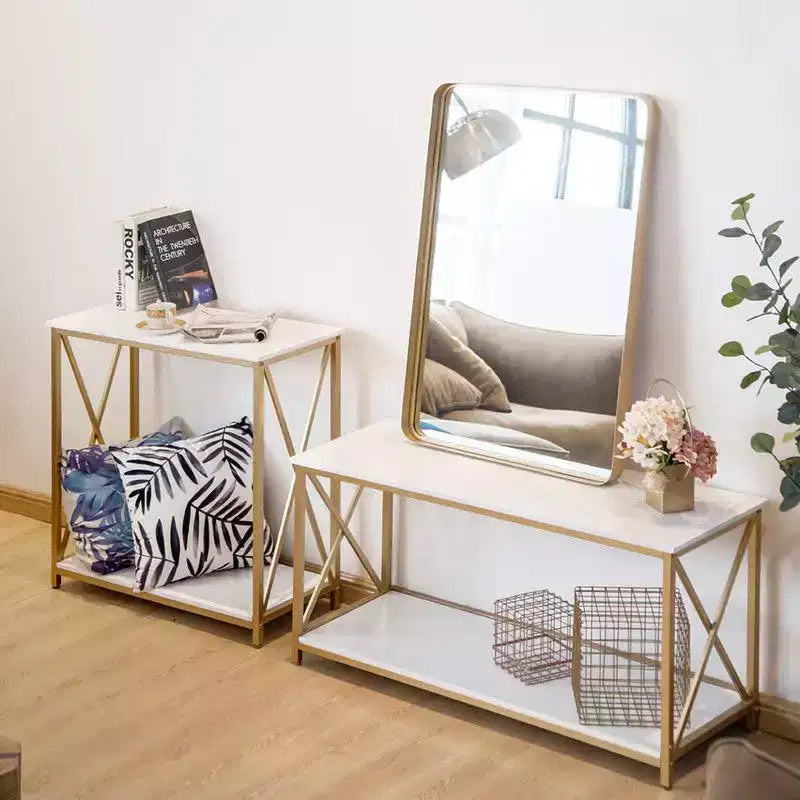 2 Layer X Side Frame Wooden Iron Frame 78.2*35.1*76.2cm White Panel Gold Frame Porch Storage Porch Table