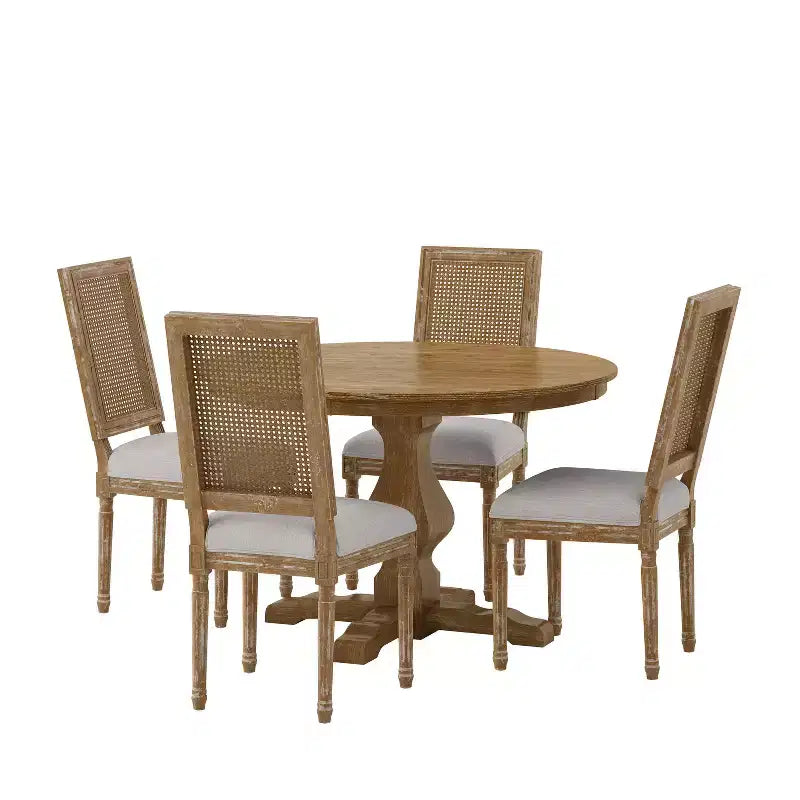 Christopher Knight Home Remuda Set da pranzo circolare a 5 pezzi in legno e canna con rivestimento in tessuto stile country francese