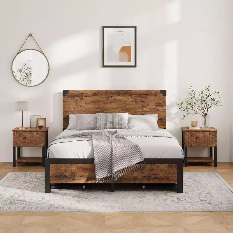 Queen Size Bed Frame with 4 Storage Drawers and Heavy Duty, Strong Metal Support Bed Frame with Wooden Headboard, No Box Spring Needed, Easy Assembly