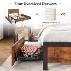 Queen Size Bed Frame with 4 Storage Drawers and Heavy Duty, Strong Metal Support Bed Frame with Wooden Headboard, No Box Spring Needed, Easy Assembly