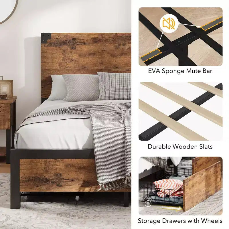 Queen Size Bed Frame with 4 Storage Drawers and Heavy Duty, Strong Metal Support Bed Frame with Wooden Headboard, No Box Spring Needed, Easy Assembly