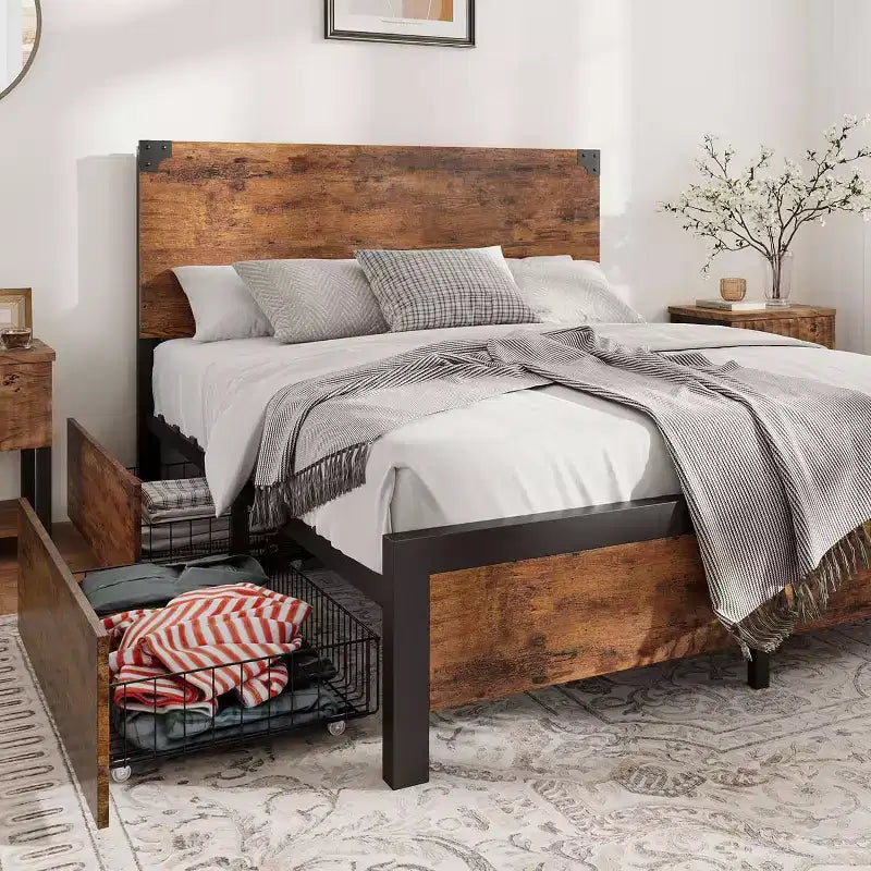 Queen Size Bed Frame with 4 Storage Drawers and Heavy Duty, Strong Metal Support Bed Frame with Wooden Headboard, No Box Spring Needed, Easy Assembly