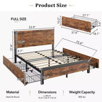 Queen Size Bed Frame with 4 Storage Drawers and Heavy Duty, Strong Metal Support Bed Frame with Wooden Headboard, No Box Spring Needed, Easy Assembly
