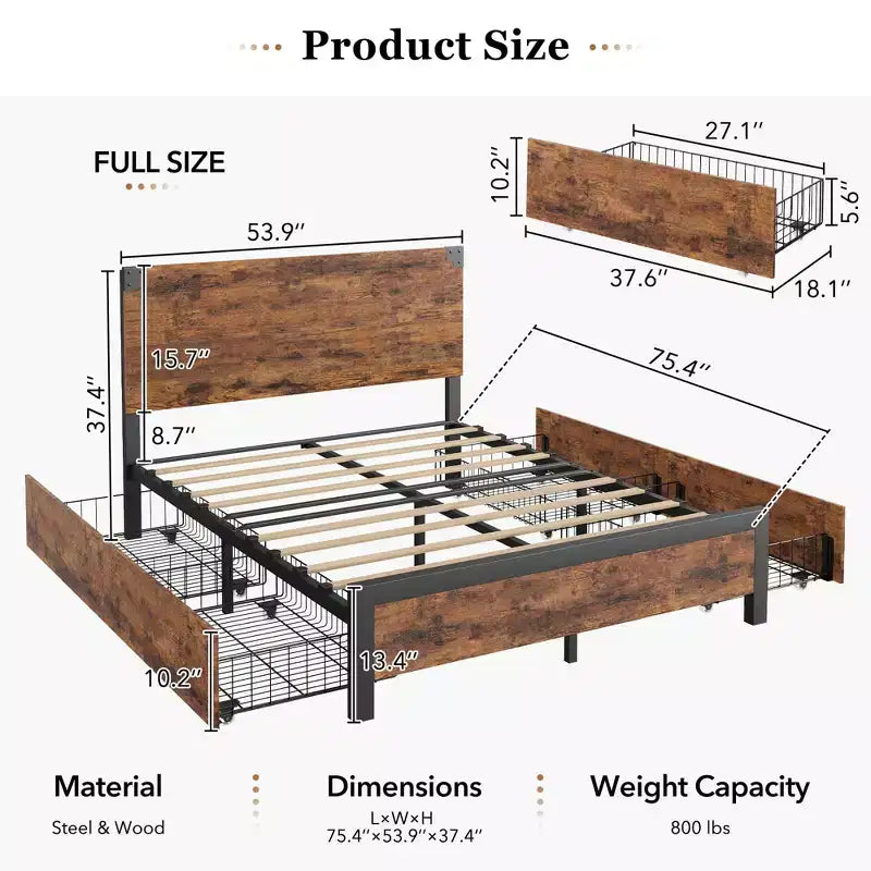 Queen Size Bed Frame with 4 Storage Drawers and Heavy Duty, Strong Metal Support Bed Frame with Wooden Headboard, No Box Spring Needed, Easy Assembly