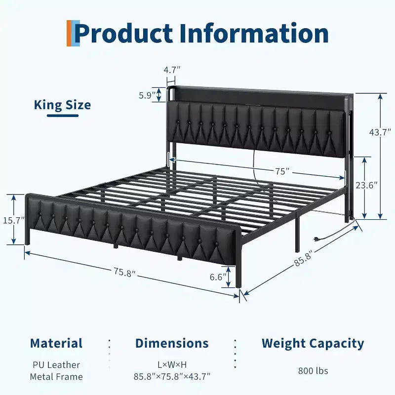 King Bed Frame with Charging Station, All-Metal Platform Bed Frame with Headboard & Footboard, Noise-Free, No Box Spring Needed, Easy Assembly, Black
