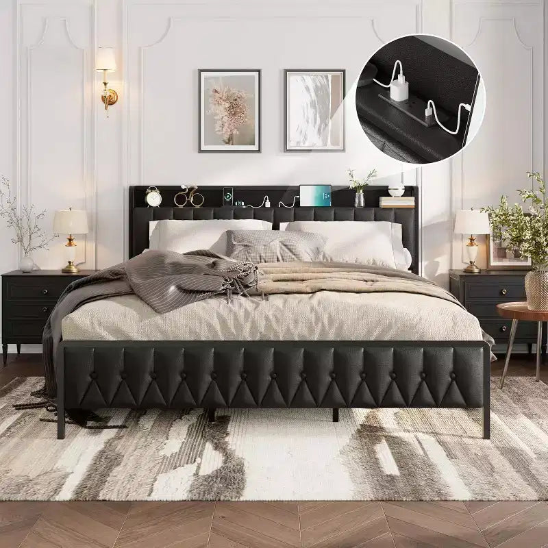 King Bed Frame with Charging Station, All-Metal Platform Bed Frame with Headboard & Footboard, Noise-Free, No Box Spring Needed, Easy Assembly, Black