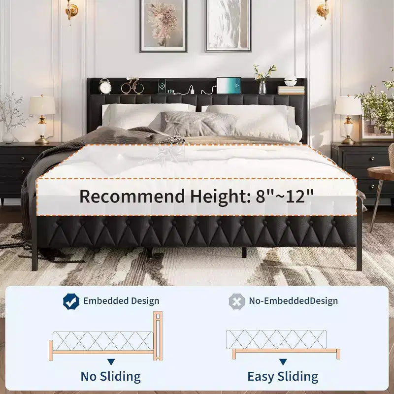King Bed Frame with Charging Station, All-Metal Platform Bed Frame with Headboard & Footboard, Noise-Free, No Box Spring Needed, Easy Assembly, Black