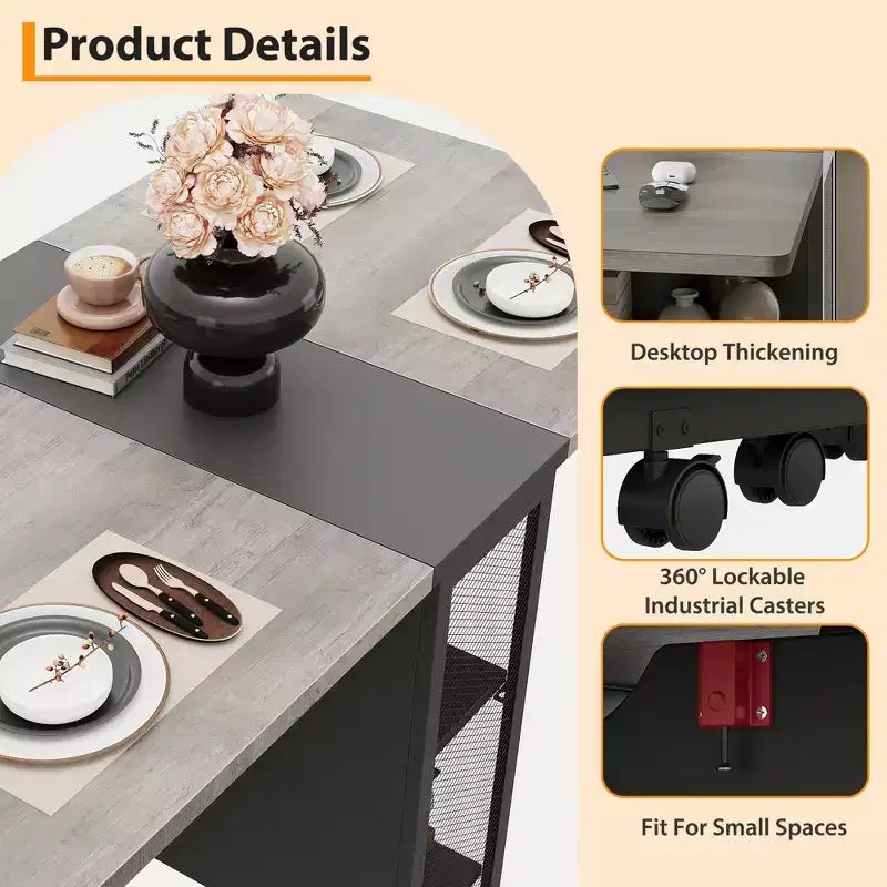 Folding Dining Table, Farmhouse Dining Table for 4 Storage Shelf, 6 Wheels Multipose Expandable Kitchen Drop Leaf Table