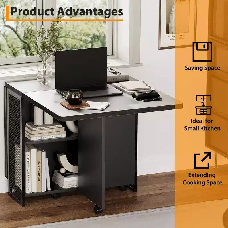 Folding Dining Table, Farmhouse Dining Table for 4 Storage Shelf, 6 Wheels Multipose Expandable Kitchen Drop Leaf Table