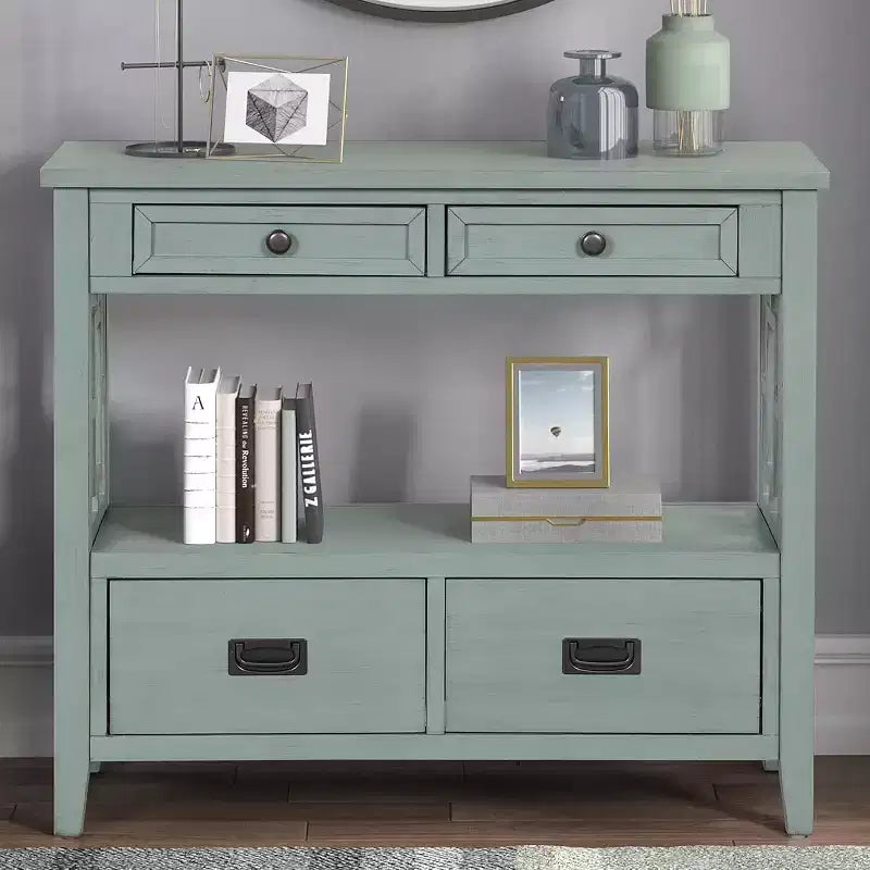 Console da tavolo in stile rustico da 91 cm con 4 cassetti, credenza verde con ripiano portaoggetti, tavolino da divano per ingresso, corridoio, design rustico