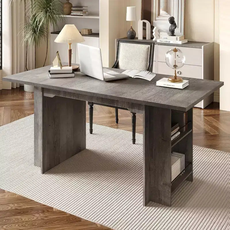 TROPOW Tavolo da Pranzo da 160 cm con 4 Ripiani portaoggetti, per 4-6 Persone, Tavolo da Cucina in Legno con Ampio Piano per Soggiorno, Facile da Montare