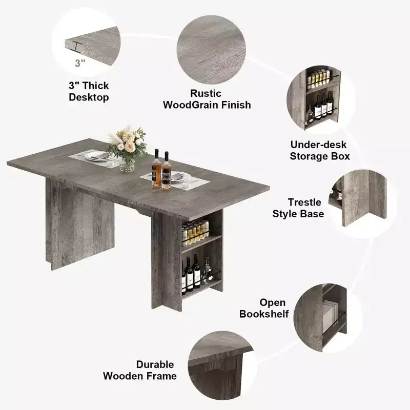TROPOW Tavolo da Pranzo da 160 cm con 4 Ripiani portaoggetti, per 4-6 Persone, Tavolo da Cucina in Legno con Ampio Piano per Soggiorno, Facile da Montare