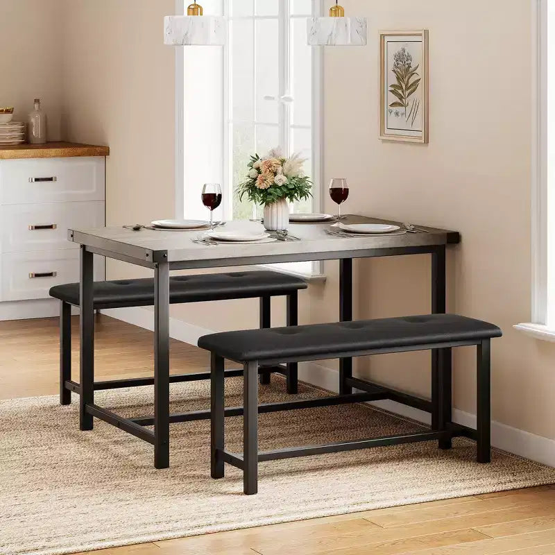 Kitchen Table Set with 2 Benches, Rectangular Dining Table for 4, Upholstered Benches, Farmhouse Style, Retro Gray