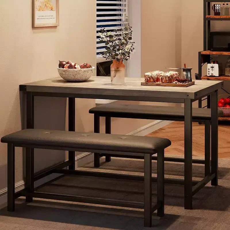 Set da tavolo da cucina con 2 panche, tavolo da pranzo rettangolare per 4 persone, panche imbottite, stile rustico, grigio retrò