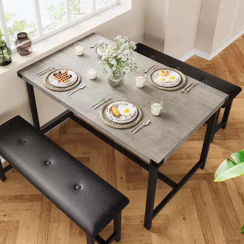 Set da tavolo da cucina con 2 panche, tavolo da pranzo rettangolare per 4 persone, panche imbottite, stile rustico, grigio retrò