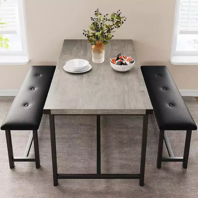 Set da tavolo da cucina con 2 panche, tavolo da pranzo rettangolare per 4 persone, panche imbottite, stile rustico, grigio retrò