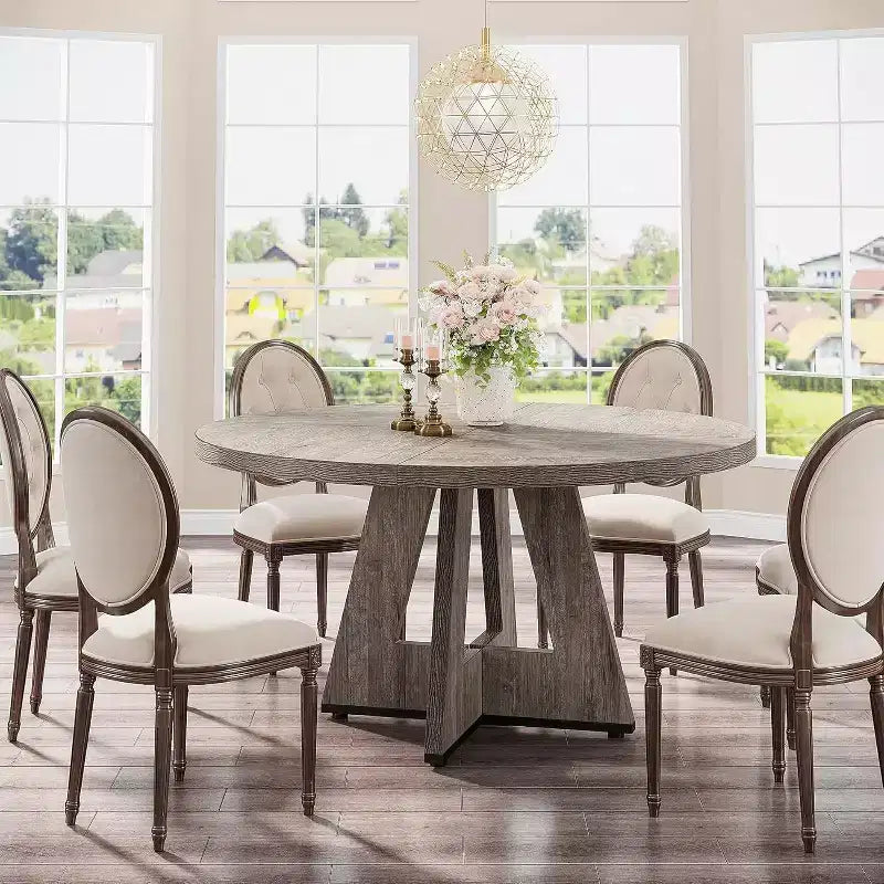 Okak Farmhouse Wood Large Round Dining Table with Cross Base,Wooden Kitchen Dinner Table for Dining Room,Breakfast Nook