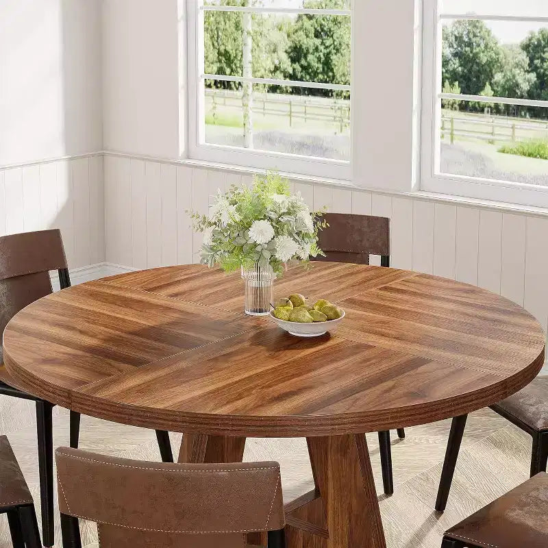 Okak Farmhouse Wood Large Round Dining Table with Cross Base,Wooden Kitchen Dinner Table for Dining Room,Breakfast Nook