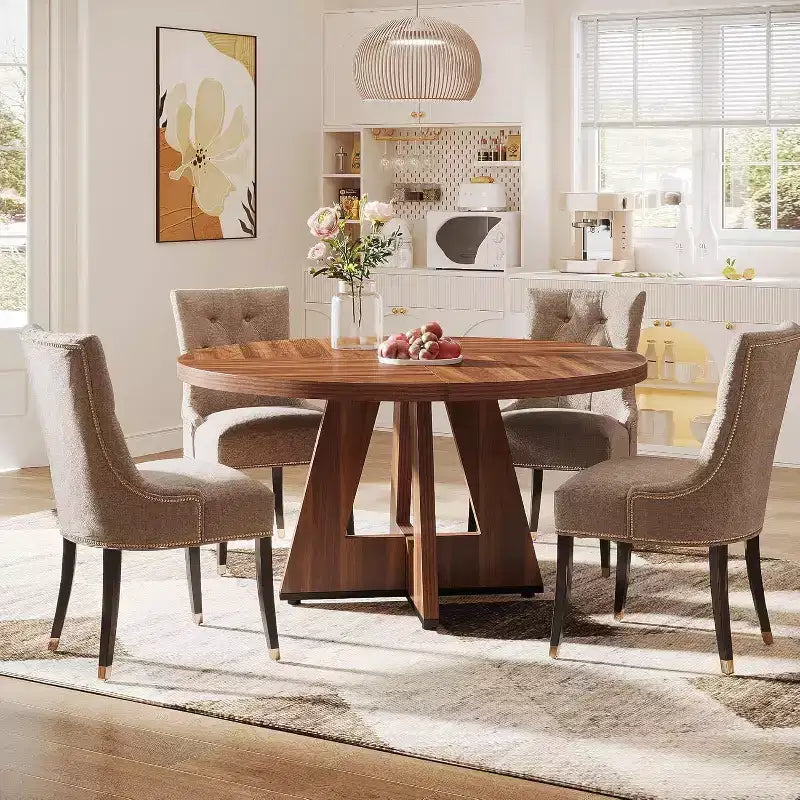 Okak Farmhouse Wood Large Round Dining Table with Cross Base,Wooden Kitchen Dinner Table for Dining Room,Breakfast Nook