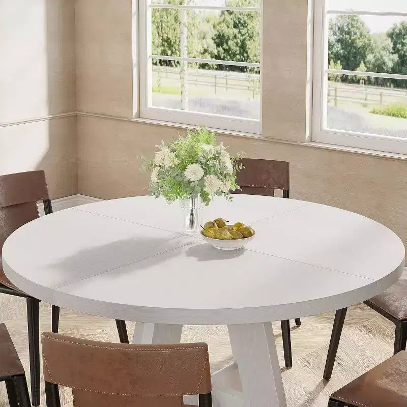 Okak Farmhouse Wood Large Round Dining Table with Cross Base,Wooden Kitchen Dinner Table for Dining Room,Breakfast Nook
