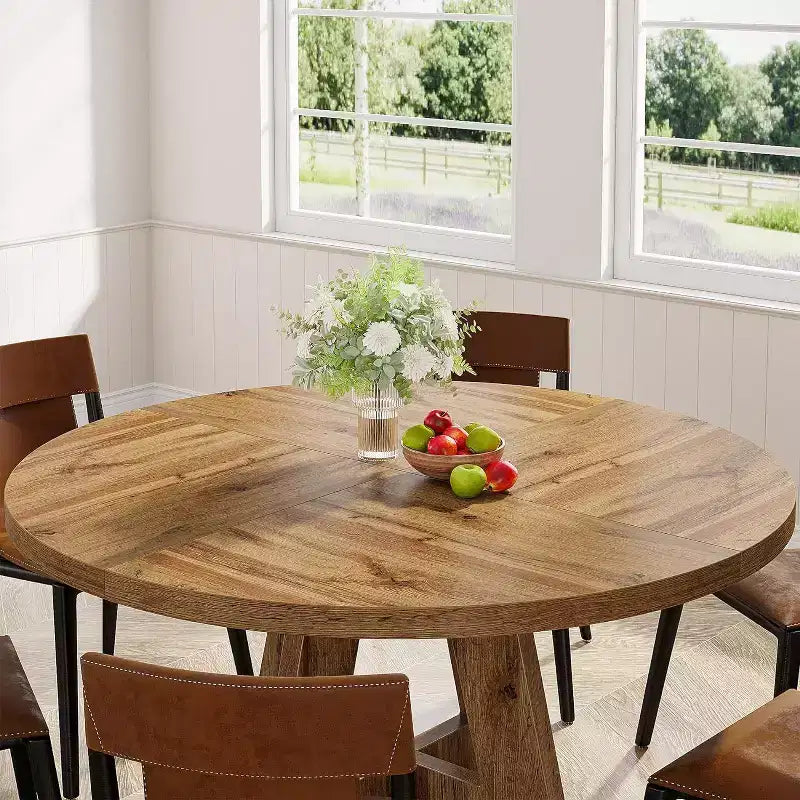 Okak Farmhouse Wood Large Round Dining Table with Cross Base,Wooden Kitchen Dinner Table for Dining Room,Breakfast Nook