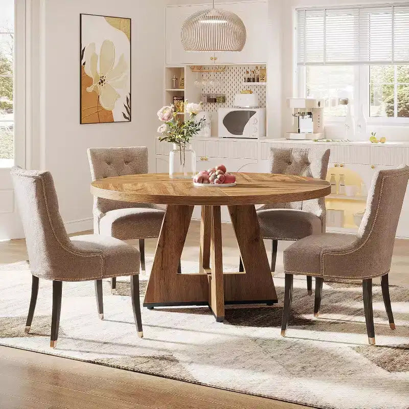 Okak Farmhouse Wood Large Round Dining Table with Cross Base,Wooden Kitchen Dinner Table for Dining Room,Breakfast Nook
