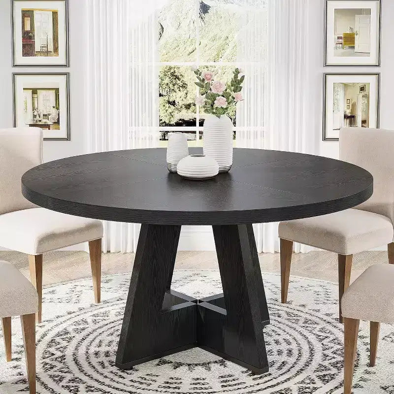 Okak Farmhouse Wood Large Round Dining Table with Cross Base,Wooden Kitchen Dinner Table for Dining Room,Breakfast Nook