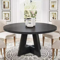 Okak Farmhouse Wood Large Round Dining Table with Cross Base,Wooden Kitchen Dinner Table for Dining Room,Breakfast Nook