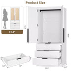 Coolmee Rattan Armoire Wardrobe Closet with 3 Drawers and 2 Doors, Wooden Wardrobe Cabinets for Hanging Clothes, Tall Standing Bedroom Armoires