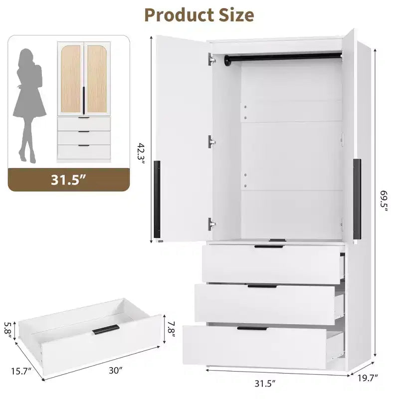 Coolmee Rattan Armoire Wardrobe Closet with 3 Drawers and 2 Doors, Wooden Wardrobe Cabinets for Hanging Clothes, Tall Standing Bedroom Armoires